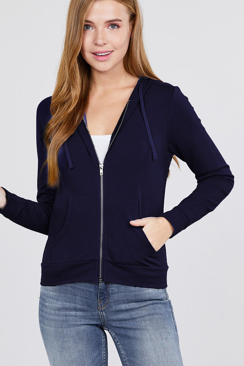 Long Sleeve Zipper French Terry Jacket W/ Kangaroo Pocket