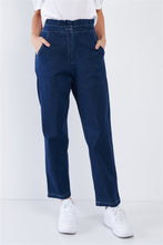 Load image into Gallery viewer, Jean Blue White Stitch Retro High Waist Frill Mock Wrap Denim Pants
