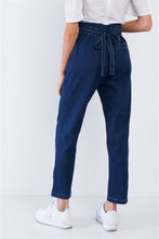 Load image into Gallery viewer, Jean Blue White Stitch Retro High Waist Frill Mock Wrap Denim Pants
