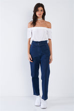 Load image into Gallery viewer, Jean Blue White Stitch Retro High Waist Frill Mock Wrap Denim Pants
