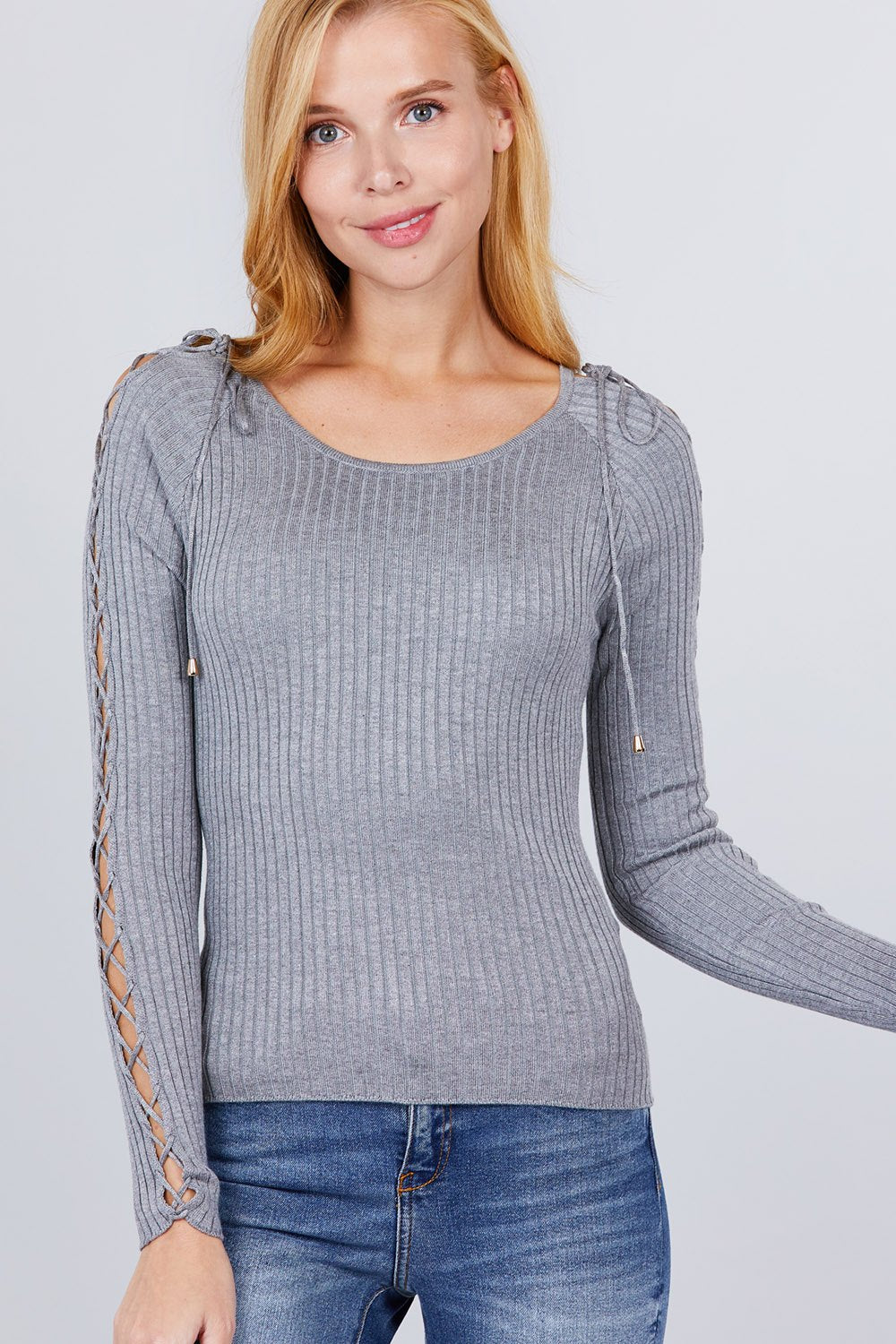 Long Sleeve W/strappy Detail Round Neck Rib Sweater Top