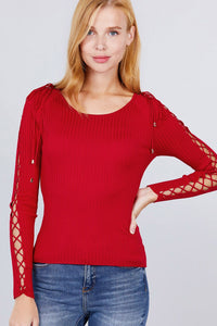 Long Sleeve W/strappy Detail Round Neck Rib Sweater Top