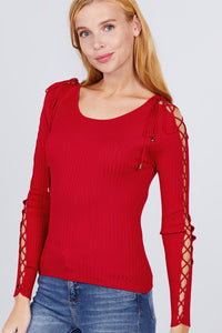 Long Sleeve W/strappy Detail Round Neck Rib Sweater Top