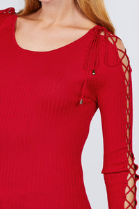 Long Sleeve W/strappy Detail Round Neck Rib Sweater Top