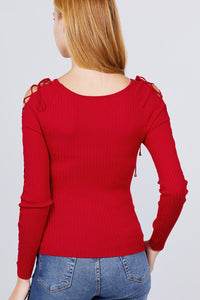 Long Sleeve W/strappy Detail Round Neck Rib Sweater Top