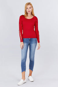 Long Sleeve W/strappy Detail Round Neck Rib Sweater Top