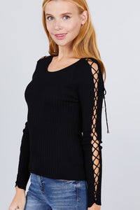 Long Sleeve W/strappy Detail Round Neck Rib Sweater Top