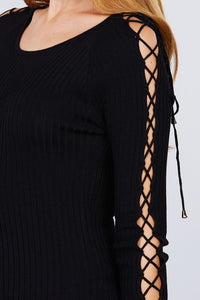 Long Sleeve W/strappy Detail Round Neck Rib Sweater Top